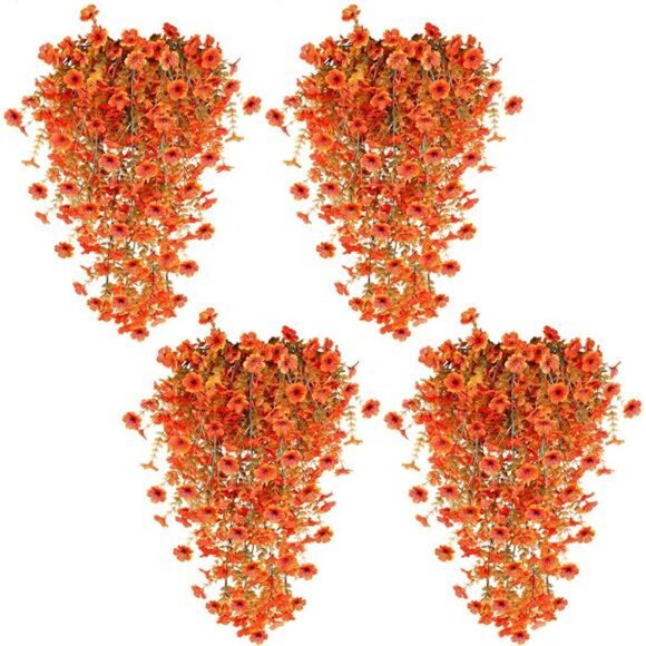 4 Pcs Artificial Hanging Fall Flowers Fall Decorations, Fake Mums for Outdoor - Picture 1 of 7